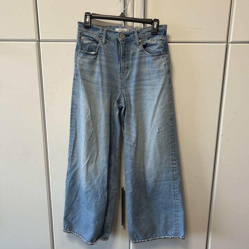 Moussy Vintage Womens Light Wash Distressed Wide Leg Jeans Size 24 Made in Japan
